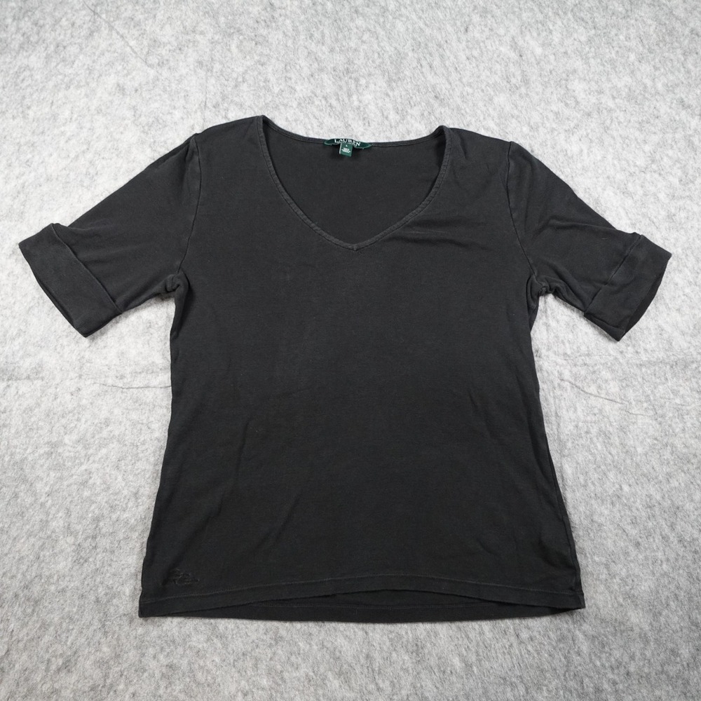 Ralph Lauren Top Women Large Black V Neck Short Sleeve Cotton Basic Tee Cuffed